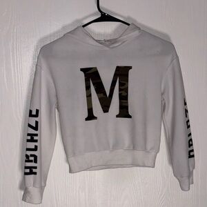 White Hoodie with Camouflage 'M' and Black Lettering